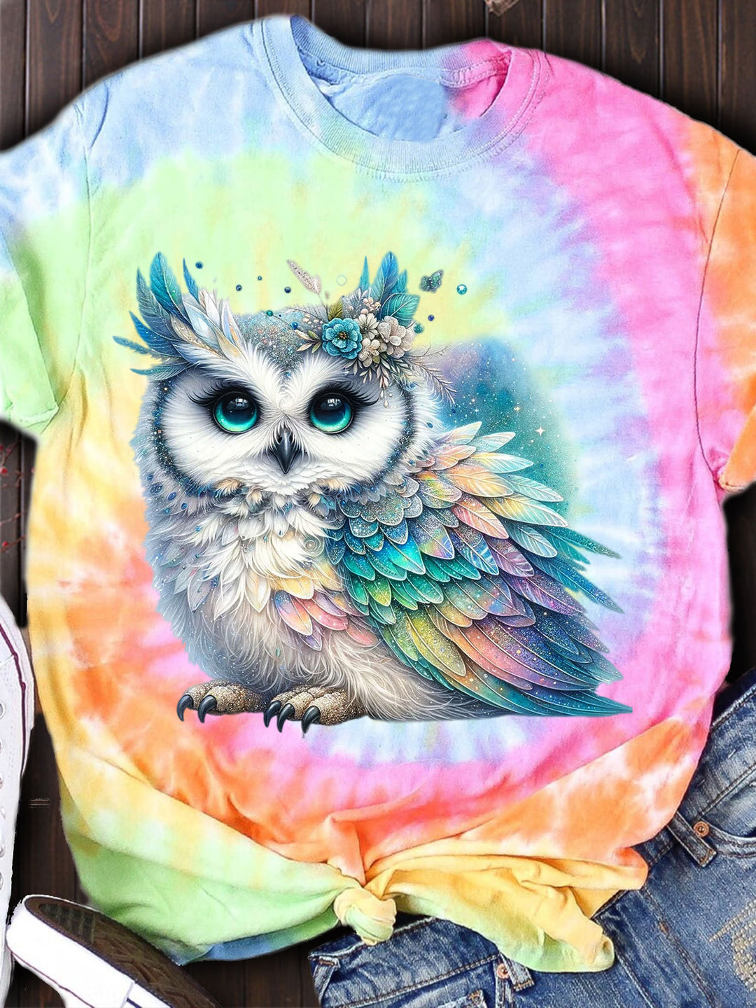 Women's Owl Tie Dye Print Casual Top