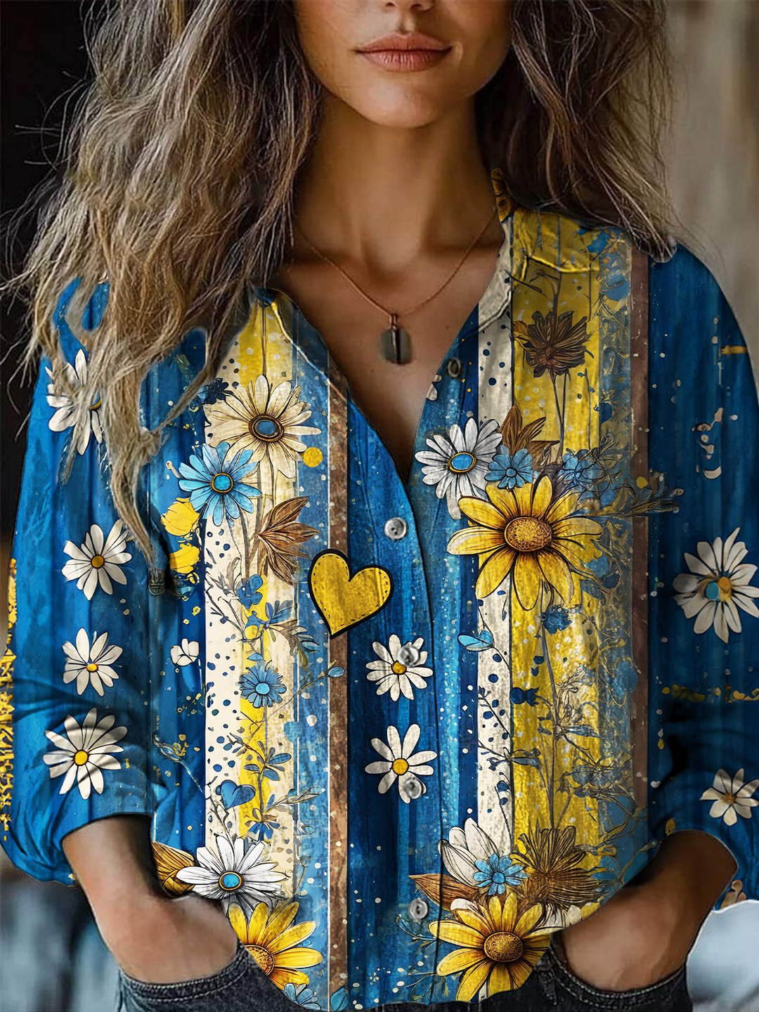 Women's Vintage Daisy Flower Love Art Printed Casual Shirt