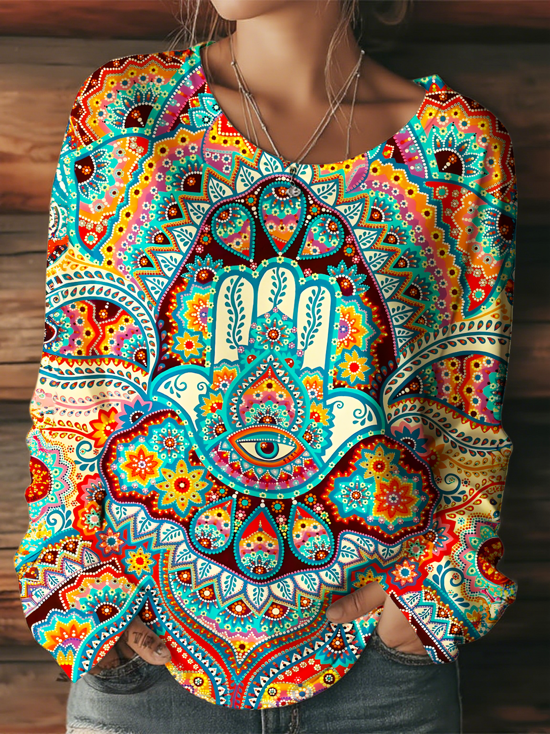 Women's Hamsa Hand Round Neck Long Sleeve T-shirt