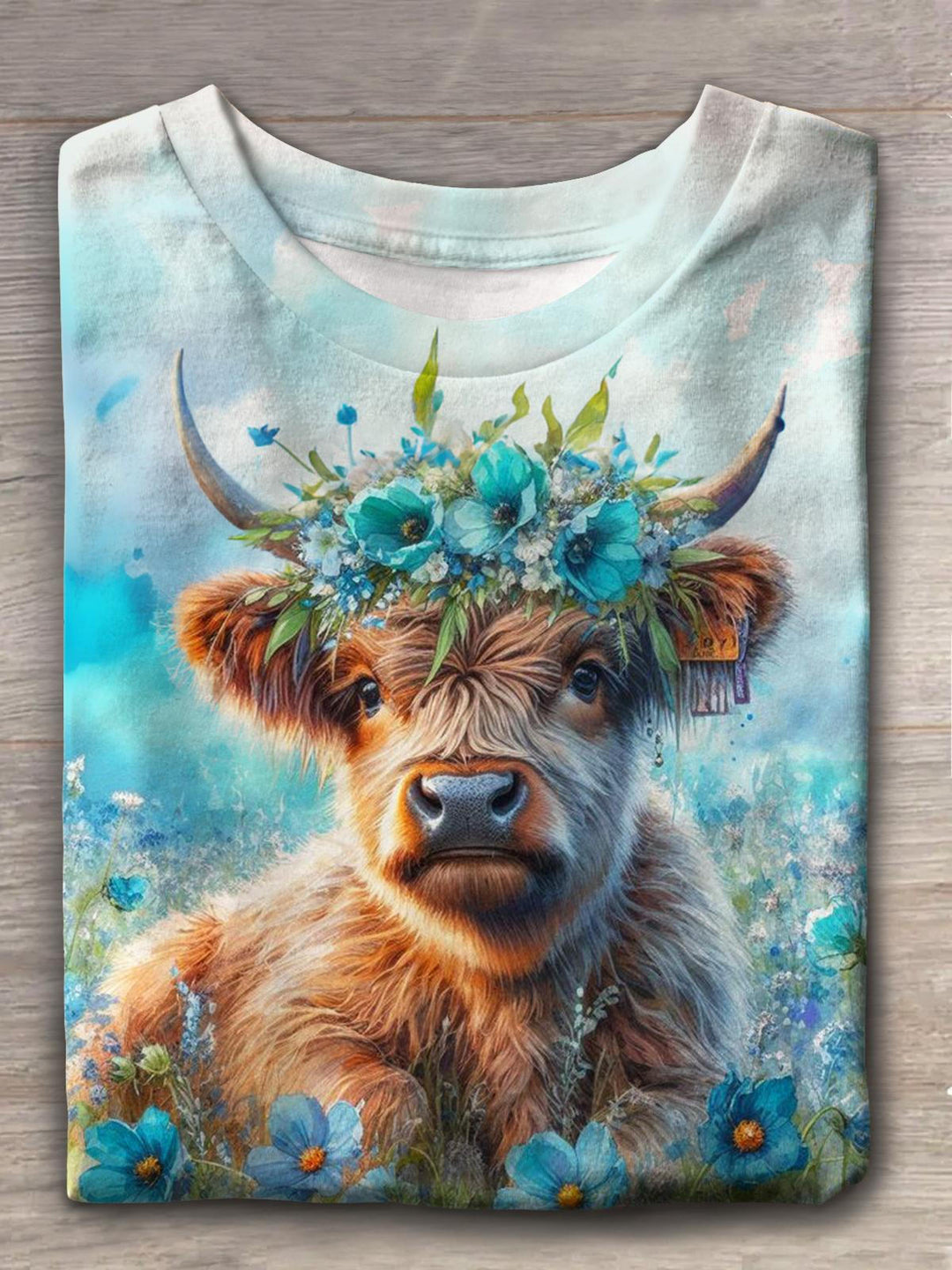 Blue Floral Crown Highland Cow Crew Neck T-shirt