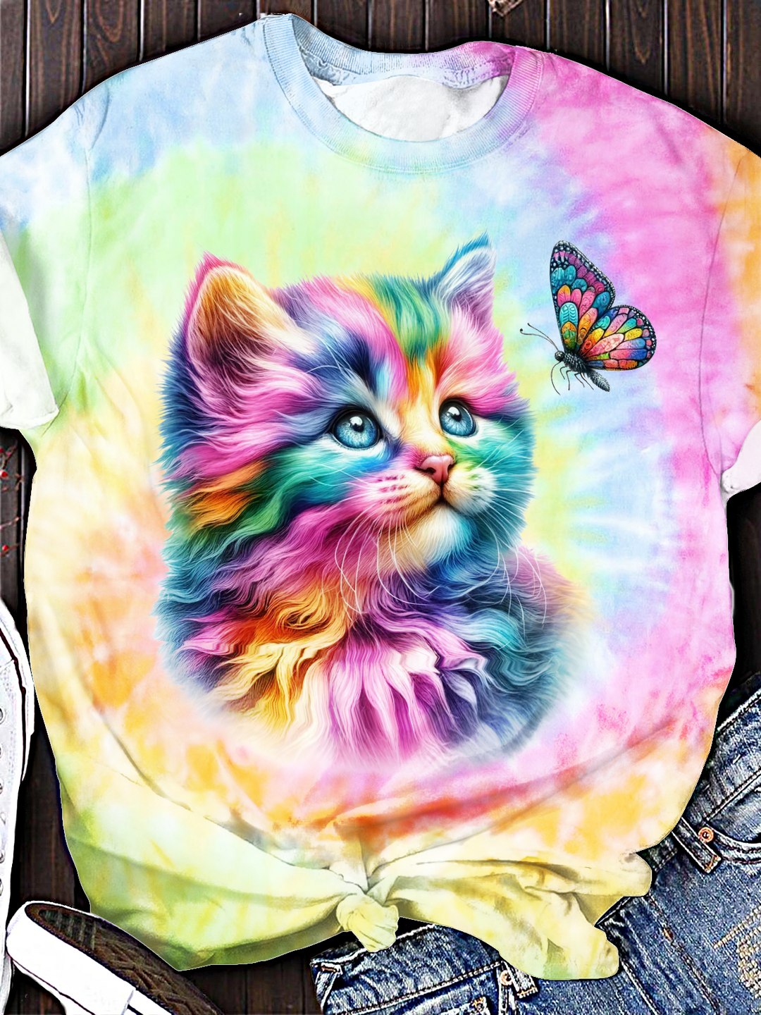 Watercolor Rainbow Kitten Art Crew Neck T-shirt