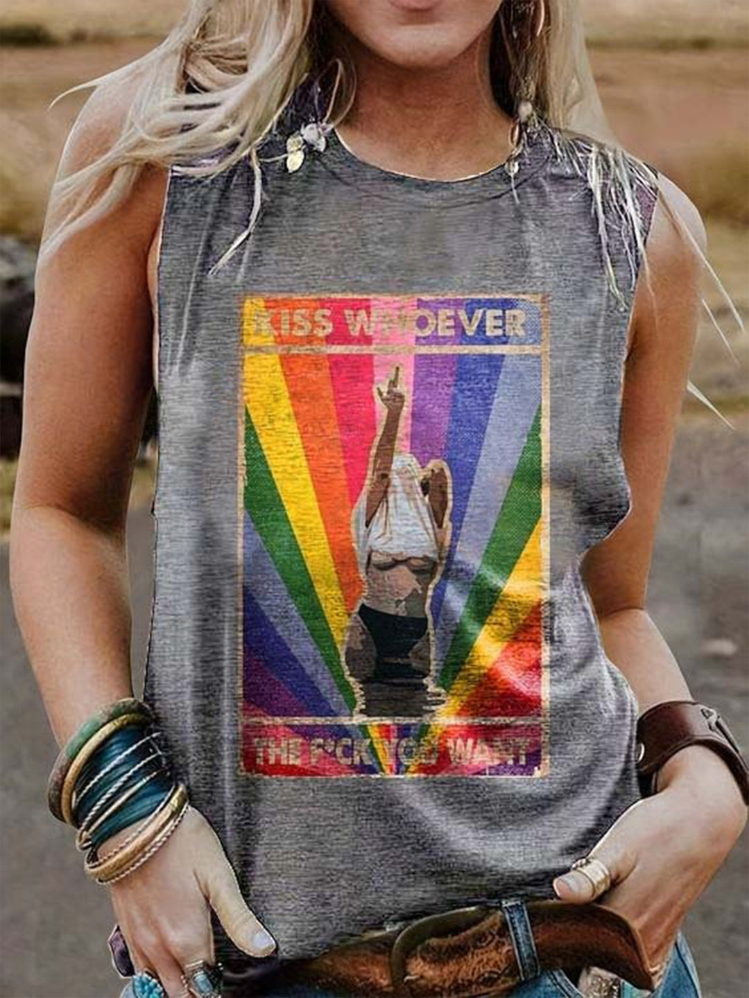 Rainbow Girl Text Element Printed Sleeveless Tank Top