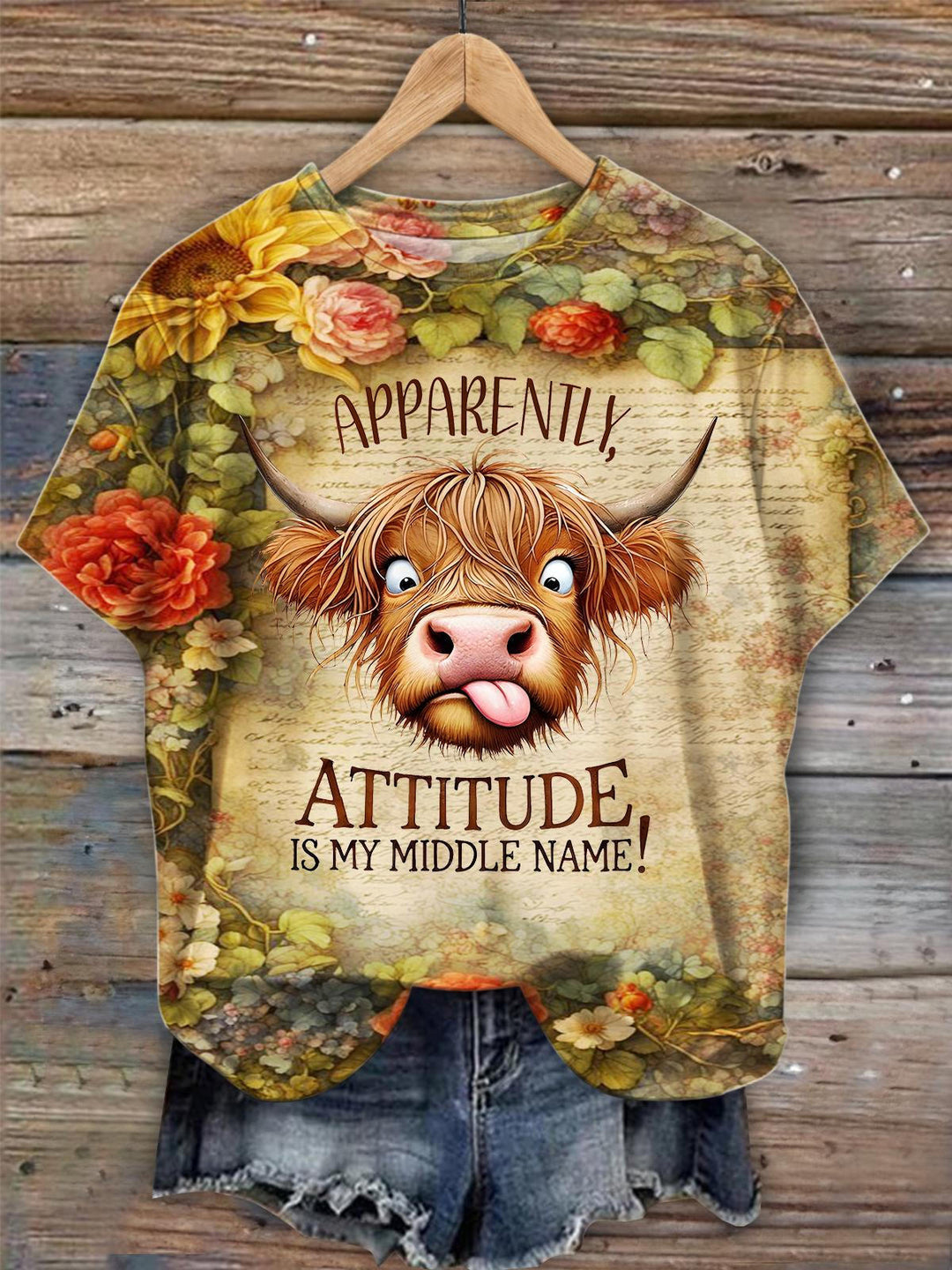 Retro Cow Print Crew Neck T-shirt