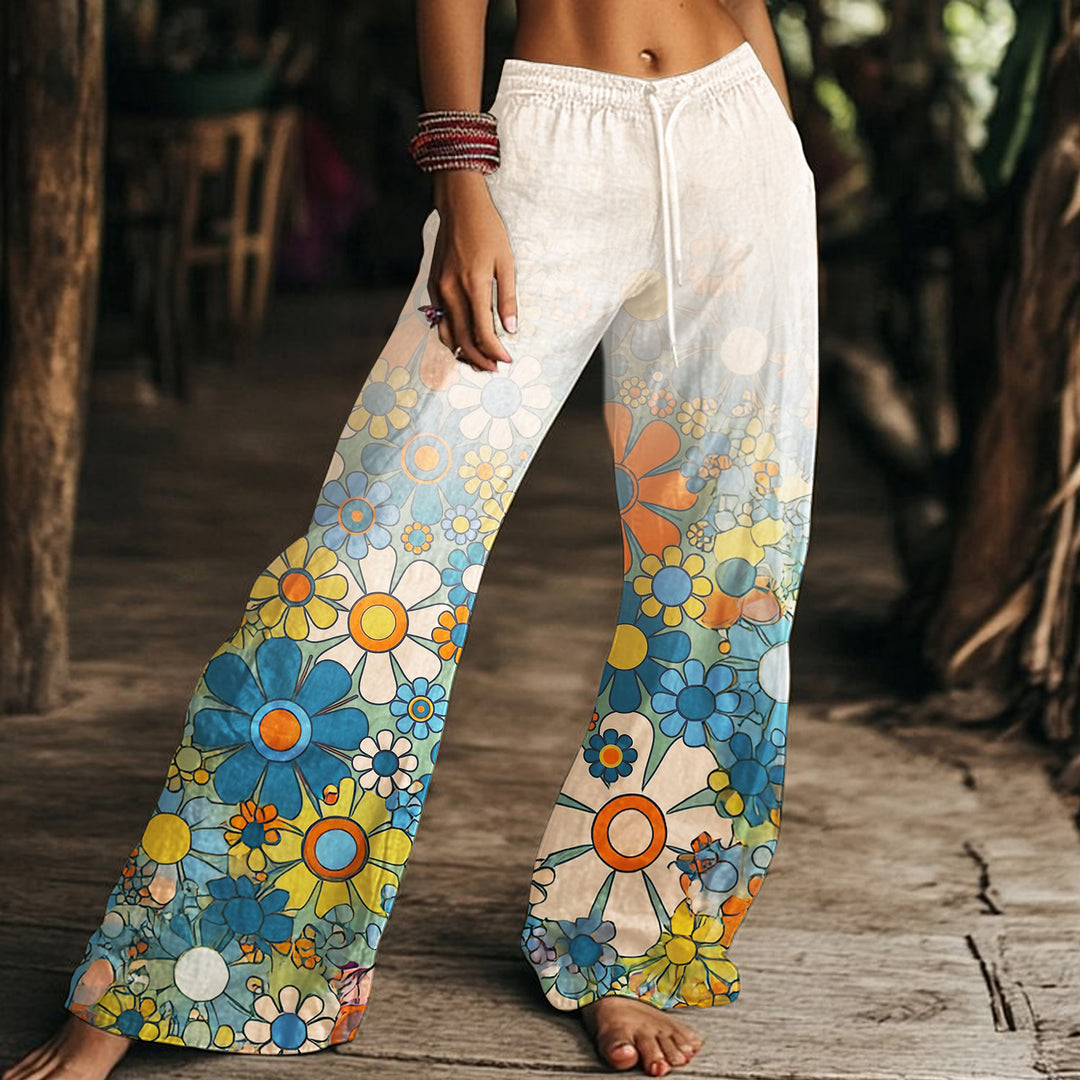 Hippie Gradient Flowers Women's Drawstring Wide-Leg Pants