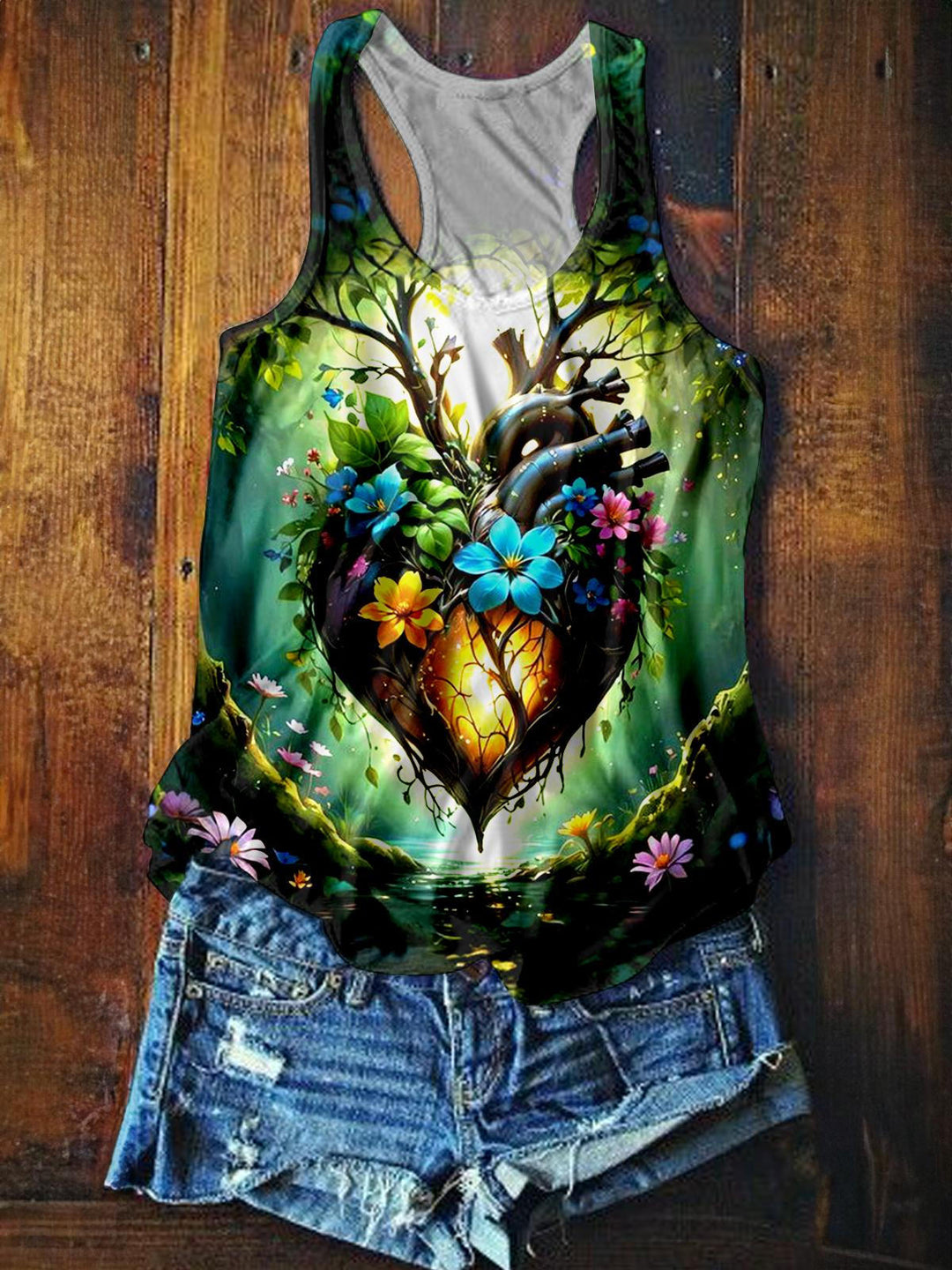 Woman's Heart Shaped Flower Women's Crew Neck All Over Printed Tank Top
