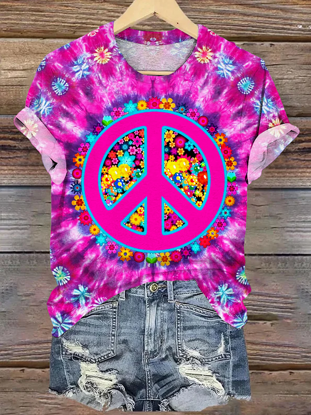 Tie Dye Floral Hippie Peace Art Crew Neck T-shirt