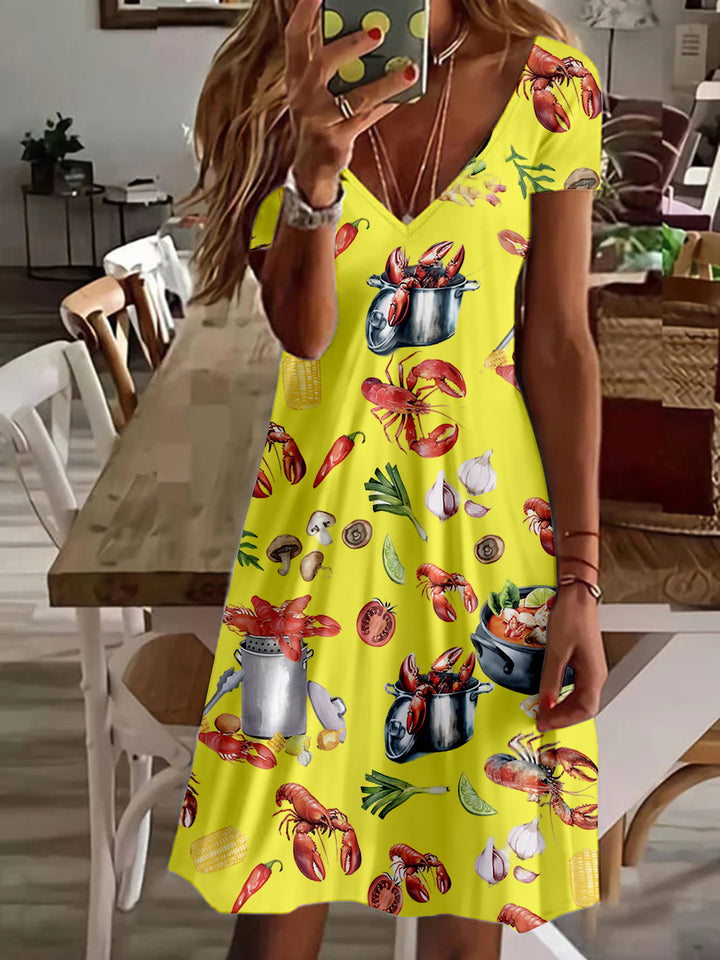 Fun Crawfish Boil Party Print V Neck Short Sleeve Dress