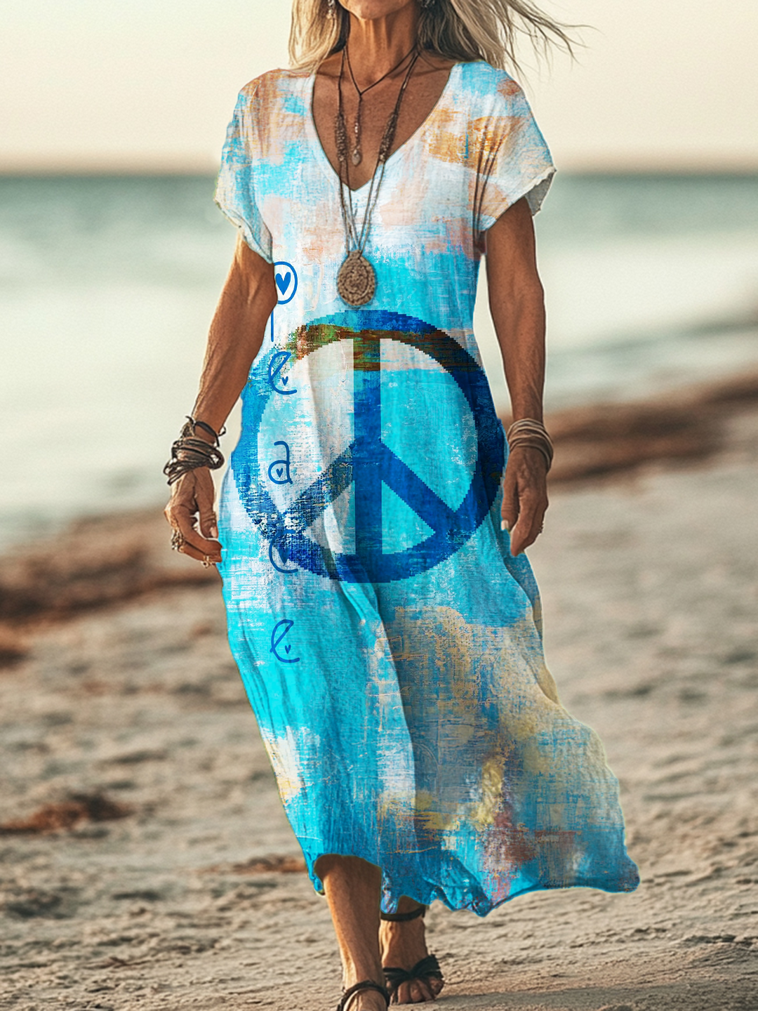 Tie Dye Hippie Peace Sign Art V-neck Short Sleeved Long Dress