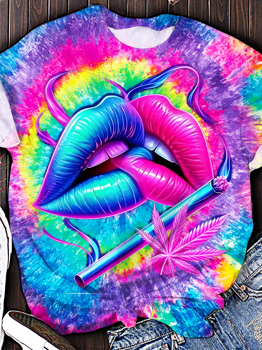 Colorful Tie-dye Hippie Lip Print Crew Neck T-shirt