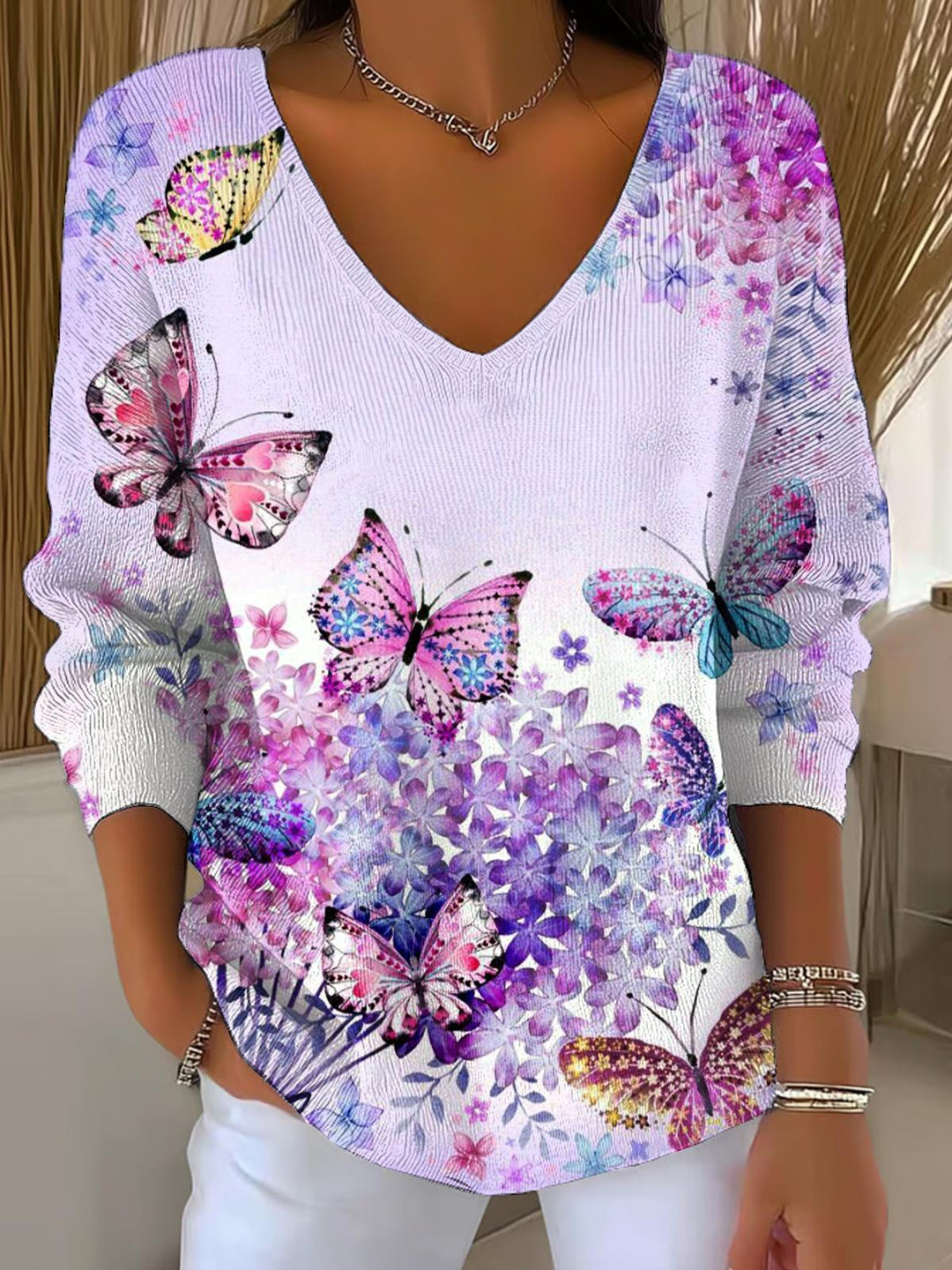 Autumn Butterfly Print Casual V Neck Pullover Sweater