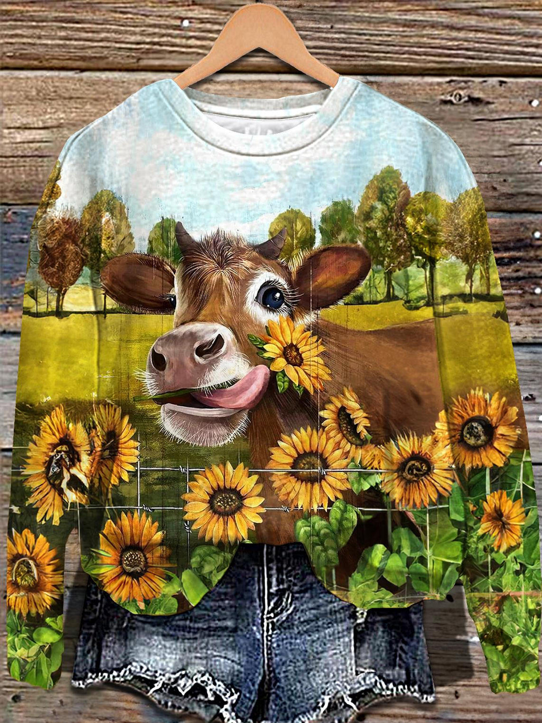 Autumn Sunflower Calf Print Long Sleeve Casual Top