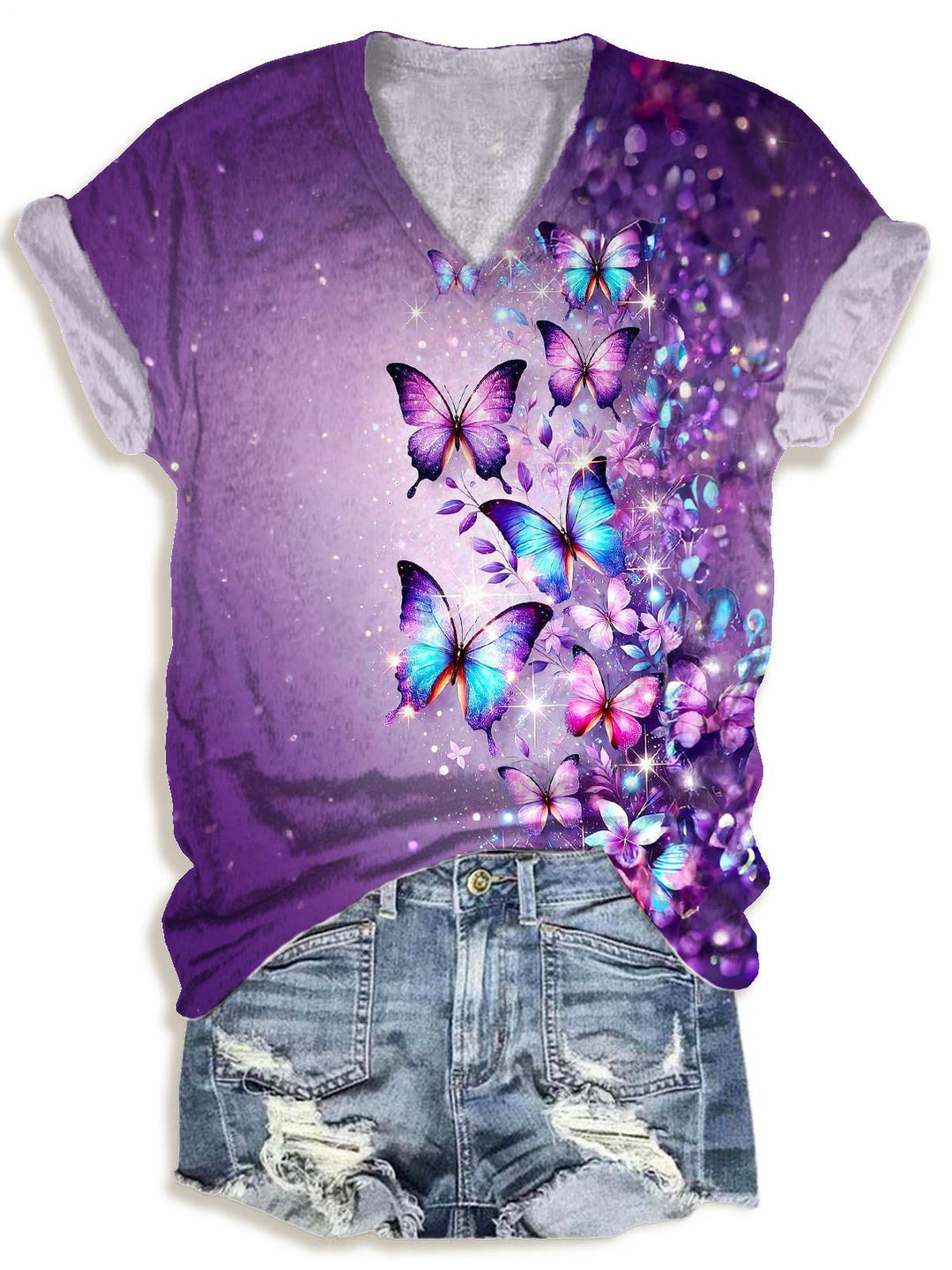 Retro Flowers Butterfly Sequin Print V-neck T-Shirt