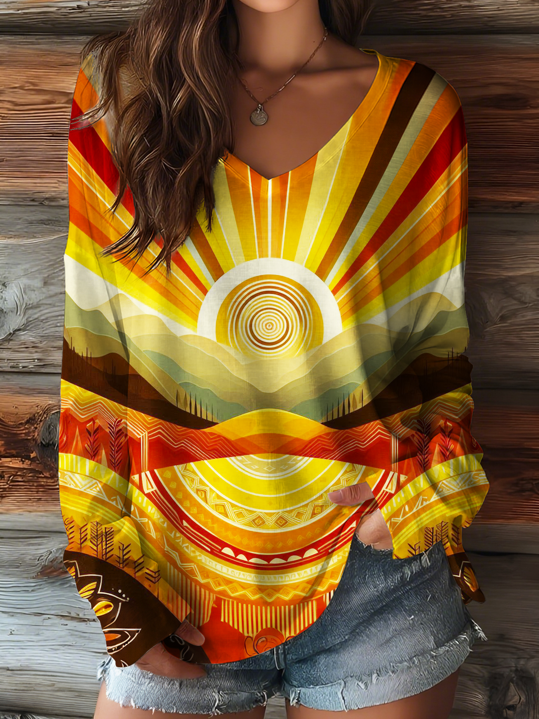 Vintage Bohemian Sun Art V-neck Long Sleeve Top