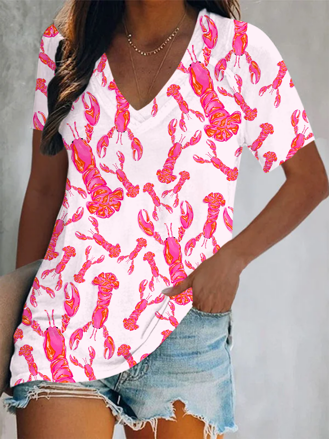 Fun Lobster Party Art Short Sleeve V Neck Print Top