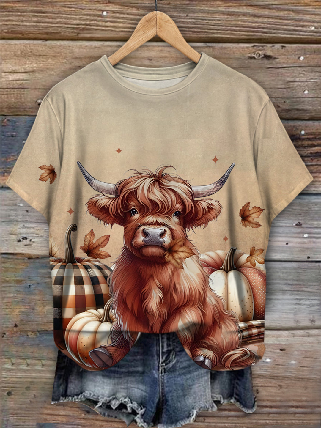 Retro Pumpkin And Cow Crew Neck T-shirt