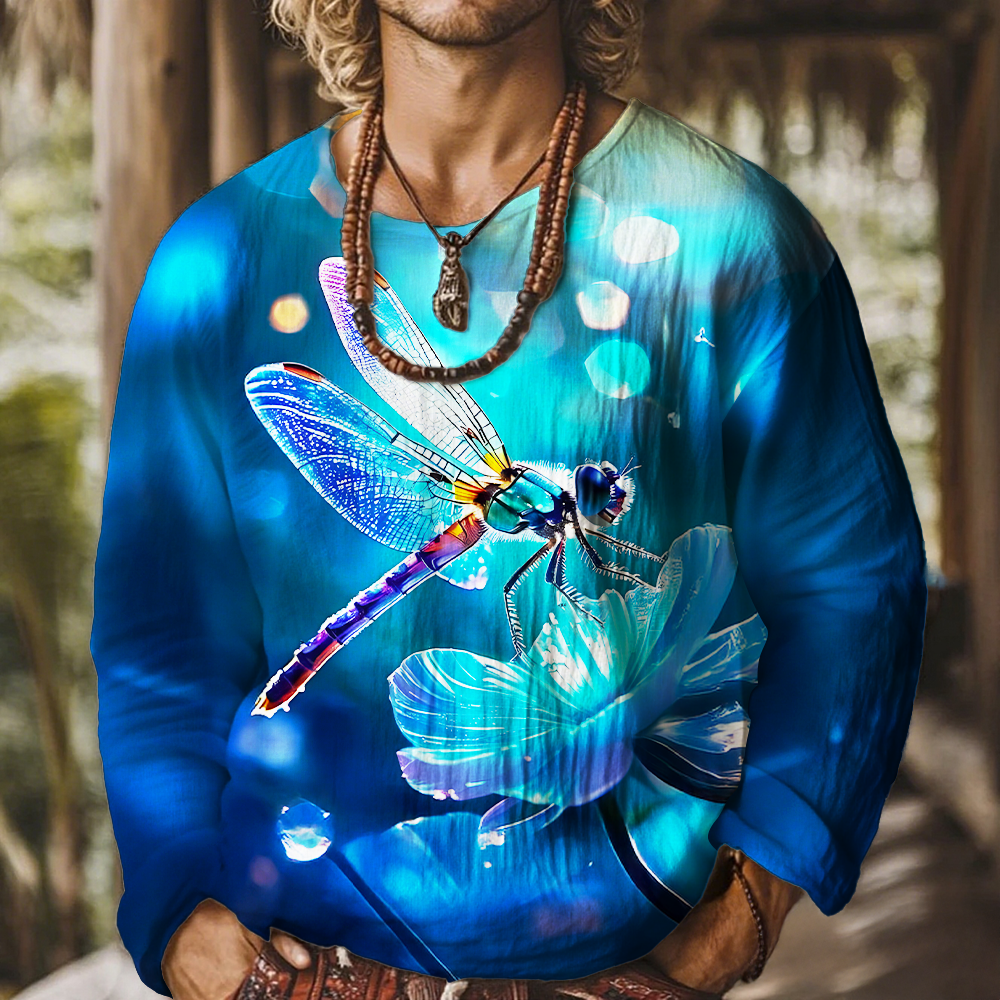 Men's Whisper of Wisdom Dragonfly Art Long Sleeve Round Neck T-Shirt