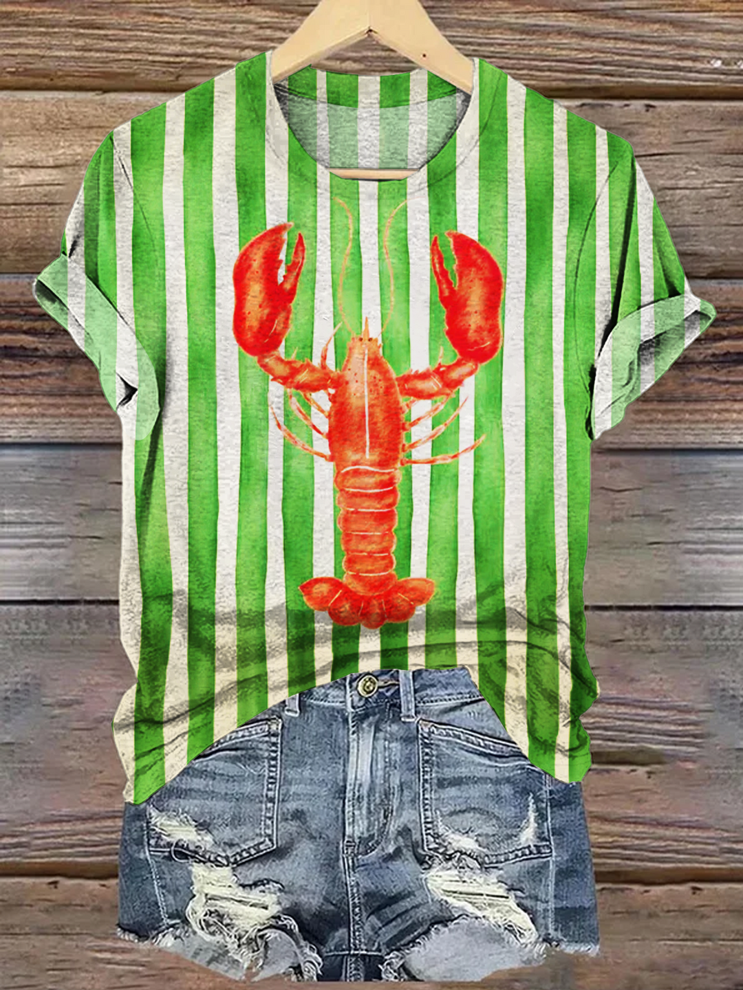 Vacation Striped Crawfish Art Crew Neck T-shirt