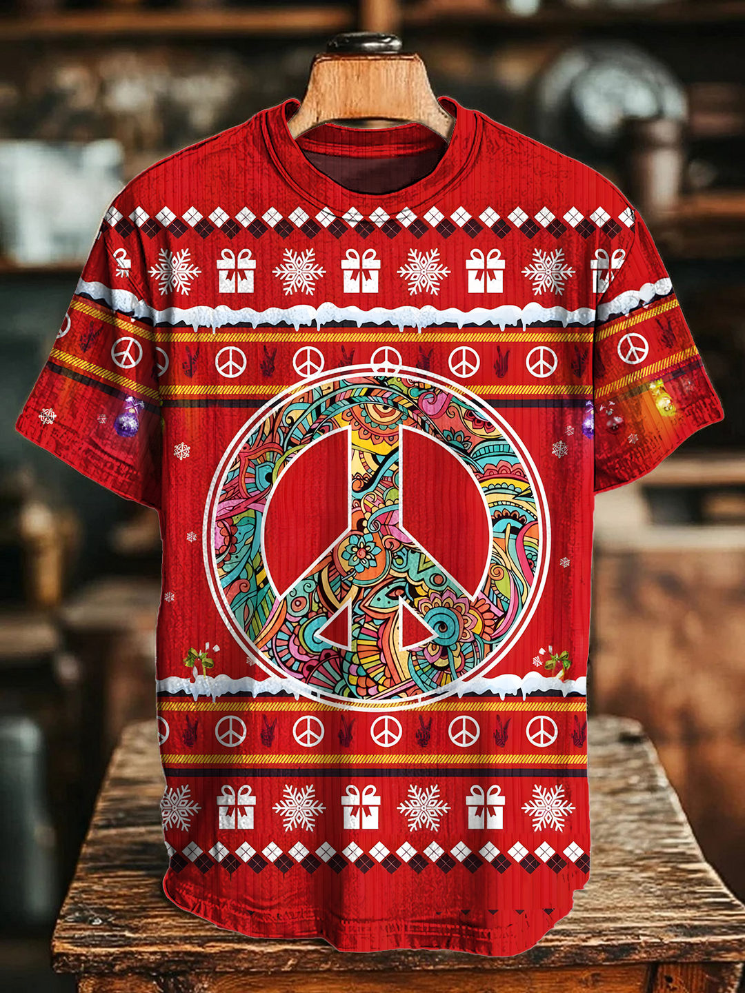 Vintage Christmas Hippie Peace Art Cotton Crew Neck T-Shirt