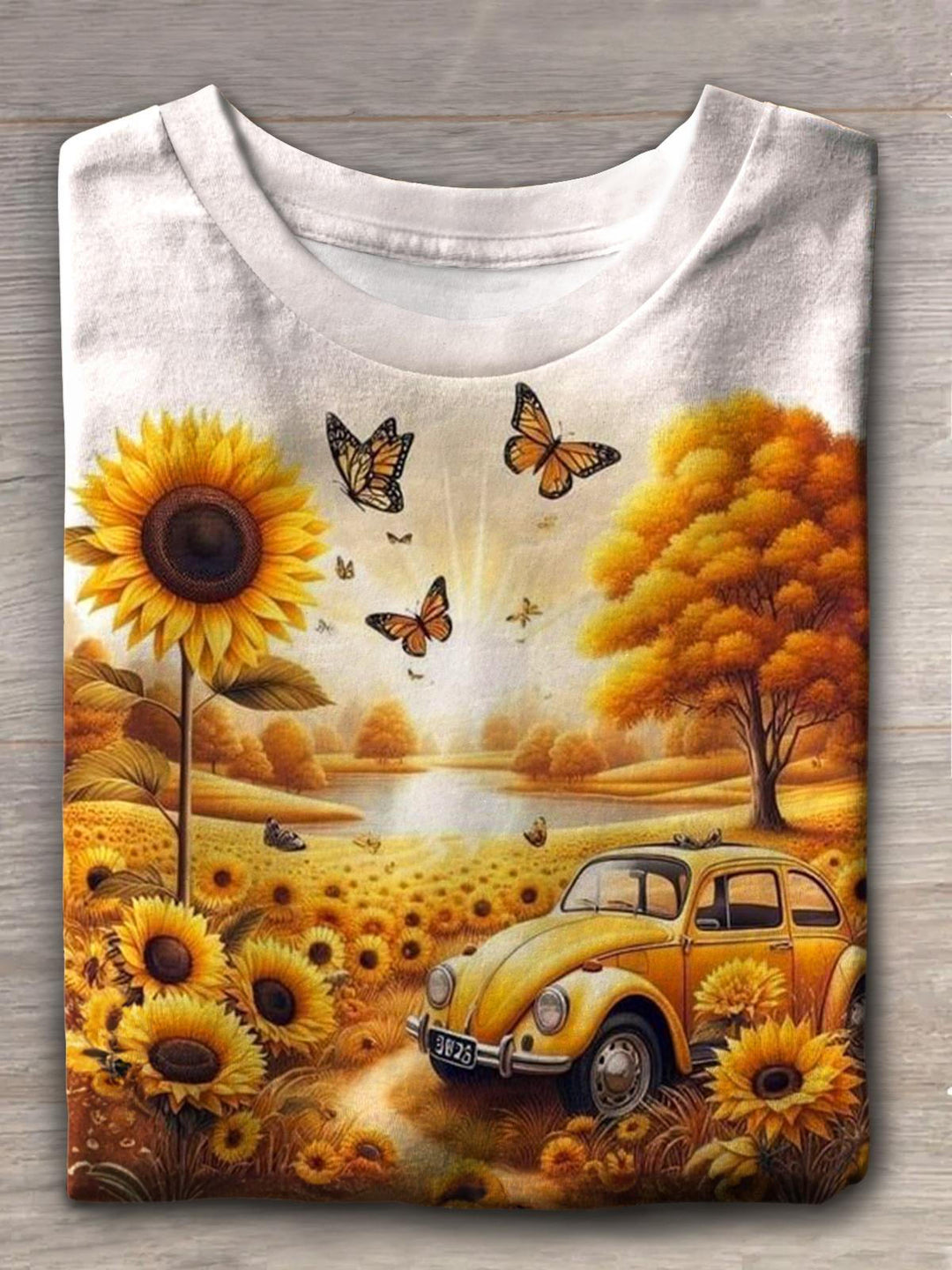 Sunflower Butterfly Car Crew Neck T-shirt