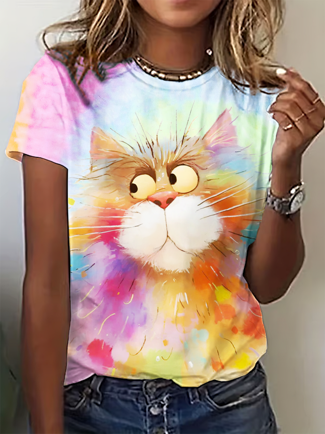 Tie-dye Watercolor Quirky Cat Crew Neck T-shirt