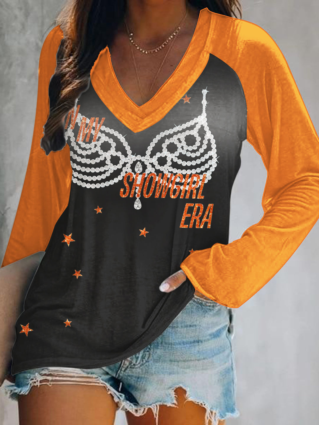 The Life of a Showgirl Print V-Neck Long Sleeve Top