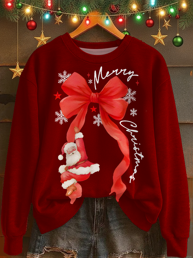 Coquette Merry Christmas With Santa Printed Long Sleeve Casual Top