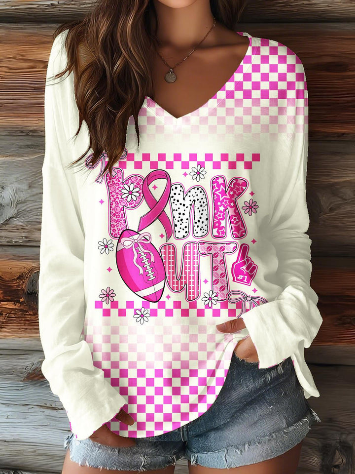 Breast Cancer Awareness Print V-neck Long Sleeve Top