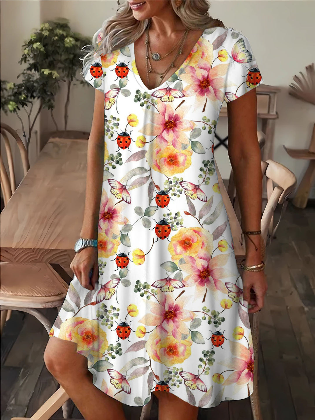 Flower Ladybug Butterfly Print V Neck Short Sleeve Midi Dress