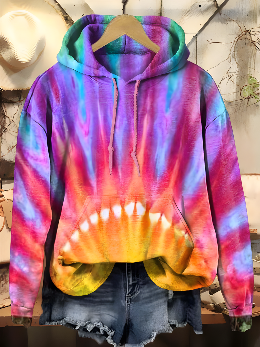 Colorful Hippie Sun Tie Dye Art Long Sleeve Printed Hoodie