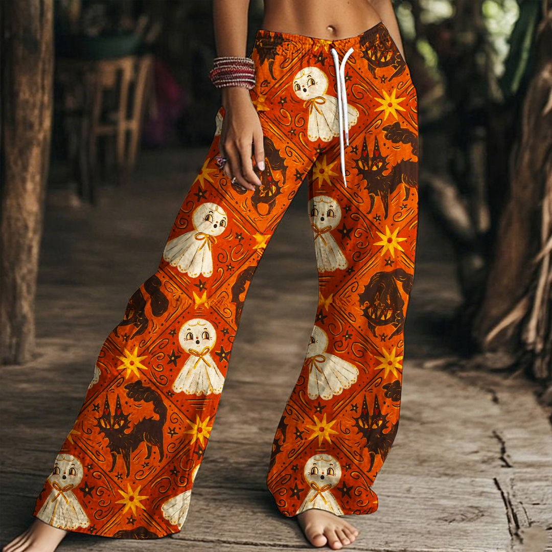 Women's Vintage Halloween Spooky Black Cat Drawstring Wide-Leg Pants