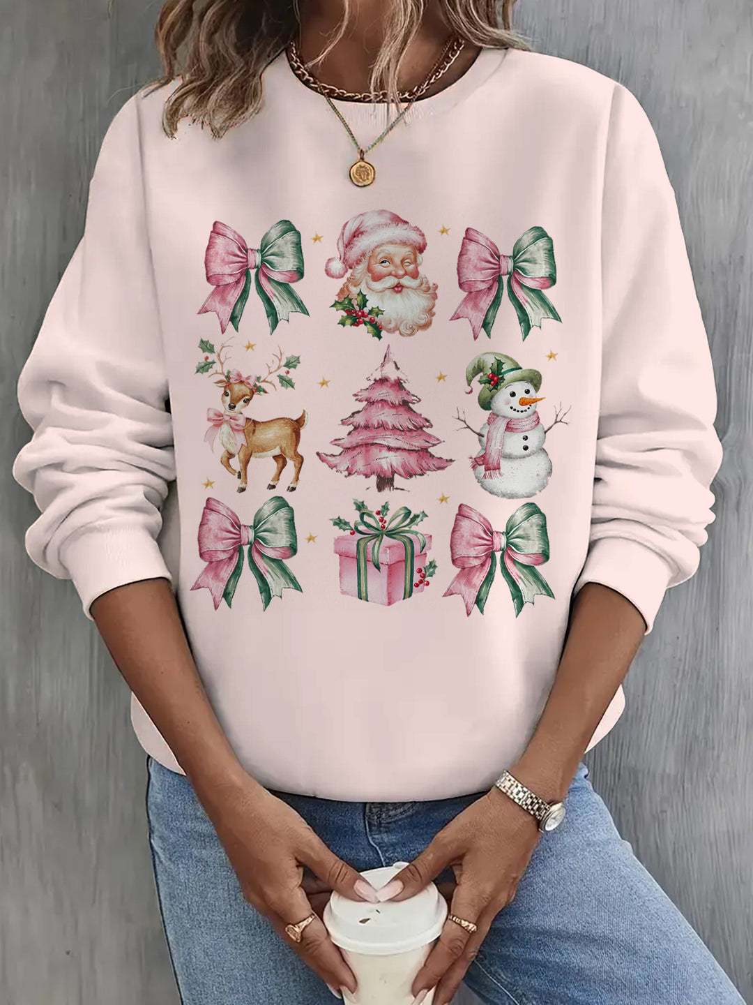 Pink Christmas Bows Long Sleeve Casual Top