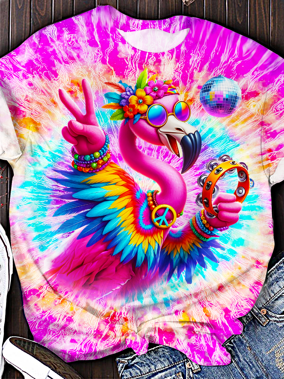 Tie-Dye Hippie Flamingo Crew Neck T-shirt