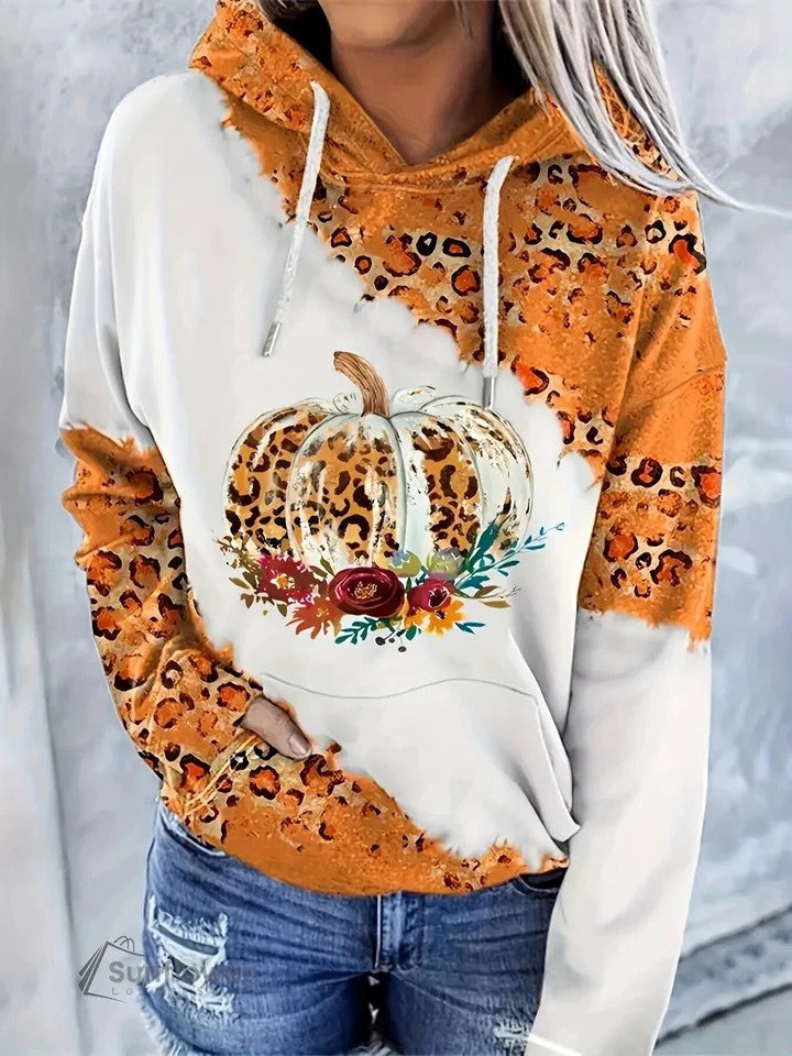 Women's Leopard Pumpkin Pocket Hooded Sweatshirt