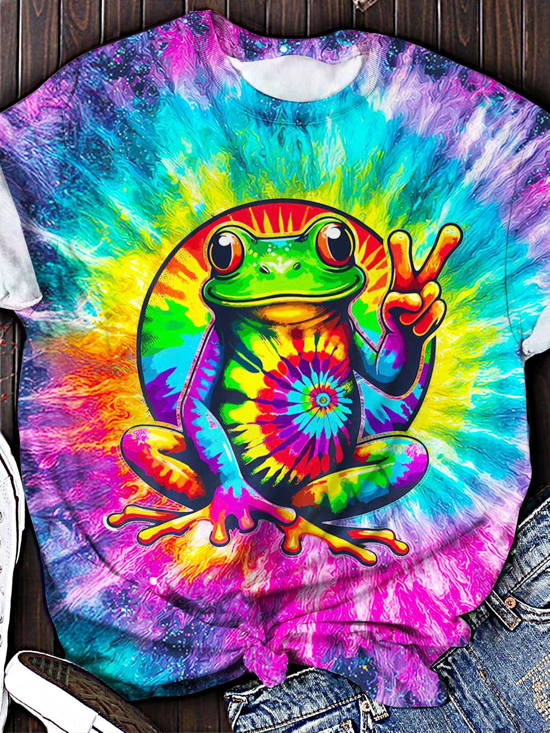 Tie-Dye Hippie Frog Print Crew Neck T-shirt