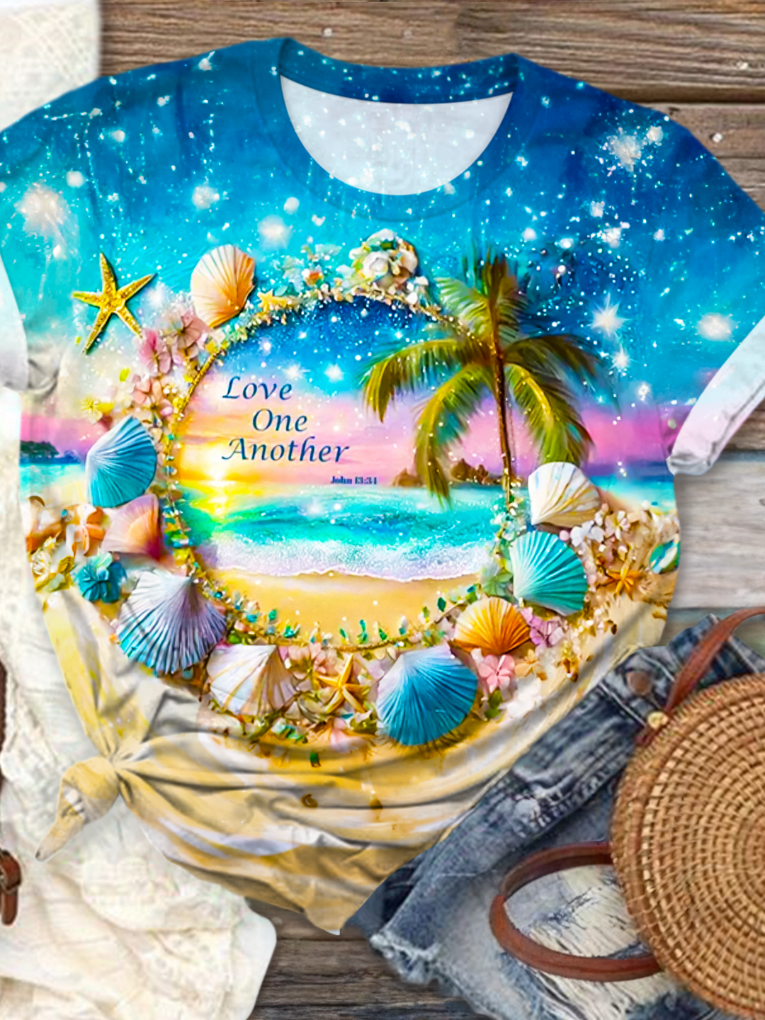 Seashell Beach Ocean Vacation Crew Neck T-shirt