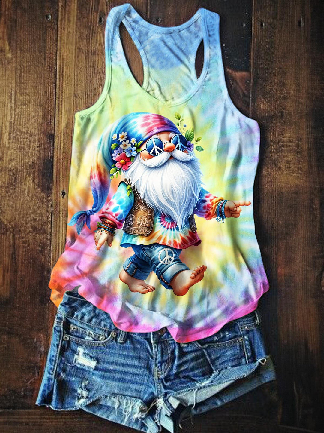 Hippie Gnome Tie Dye Print Holiday Tank Top