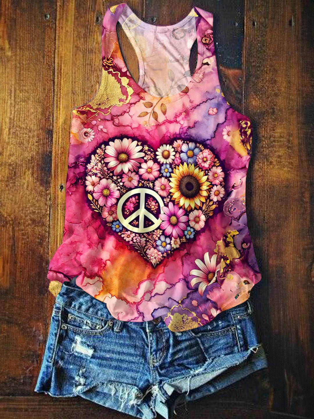 Retro Heart Hippie Print Casual Tank Top