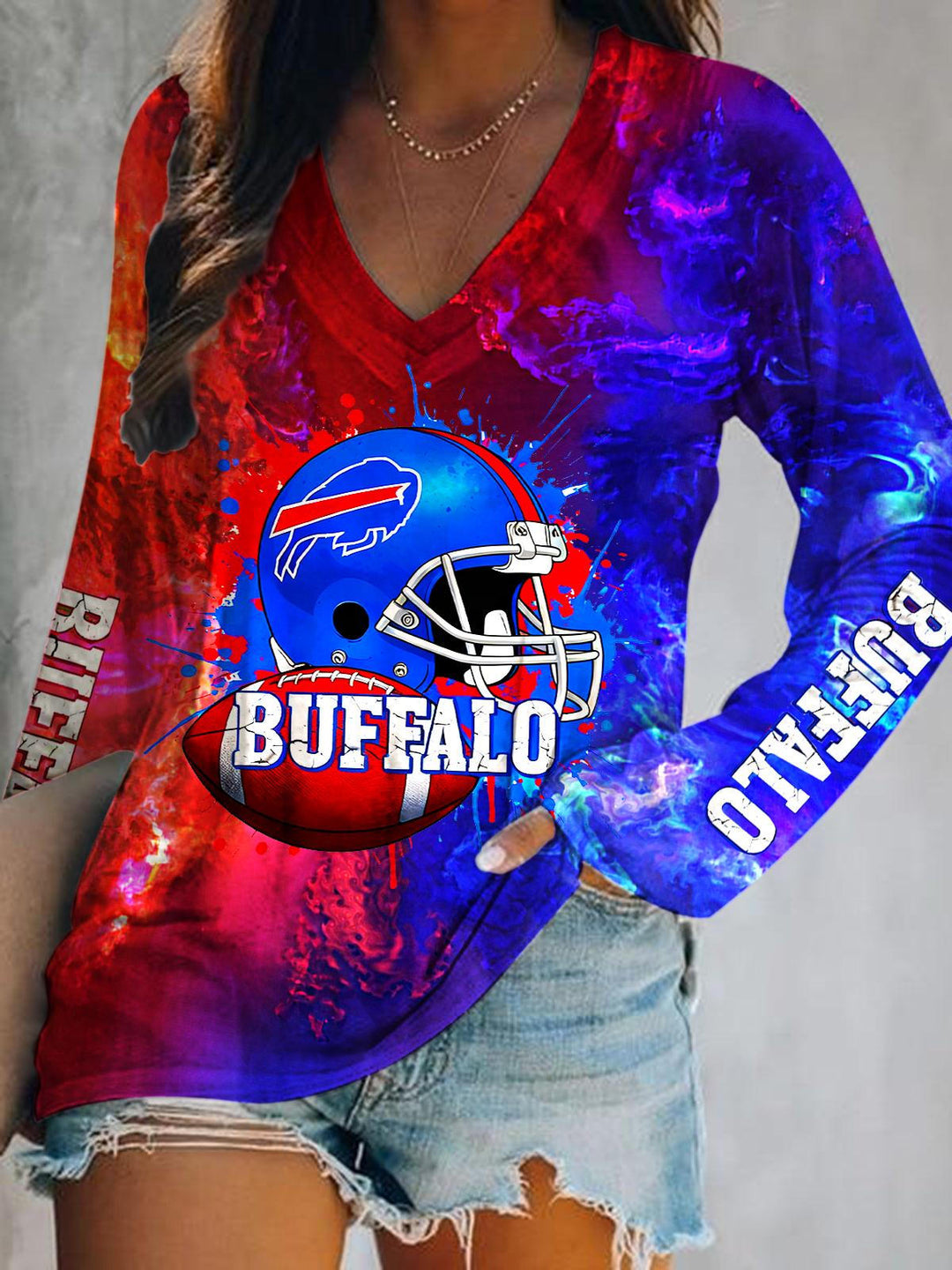 Buffalo Bills Print V-Neck Long Sleeve Top