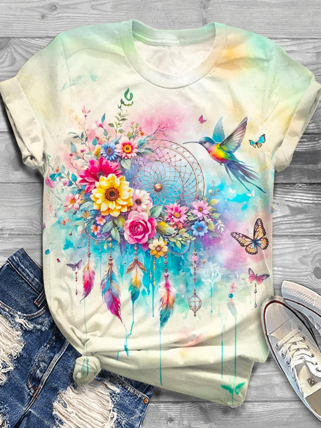 Retro Flowers And Hummingbird Printed Crew Neck T-shirt