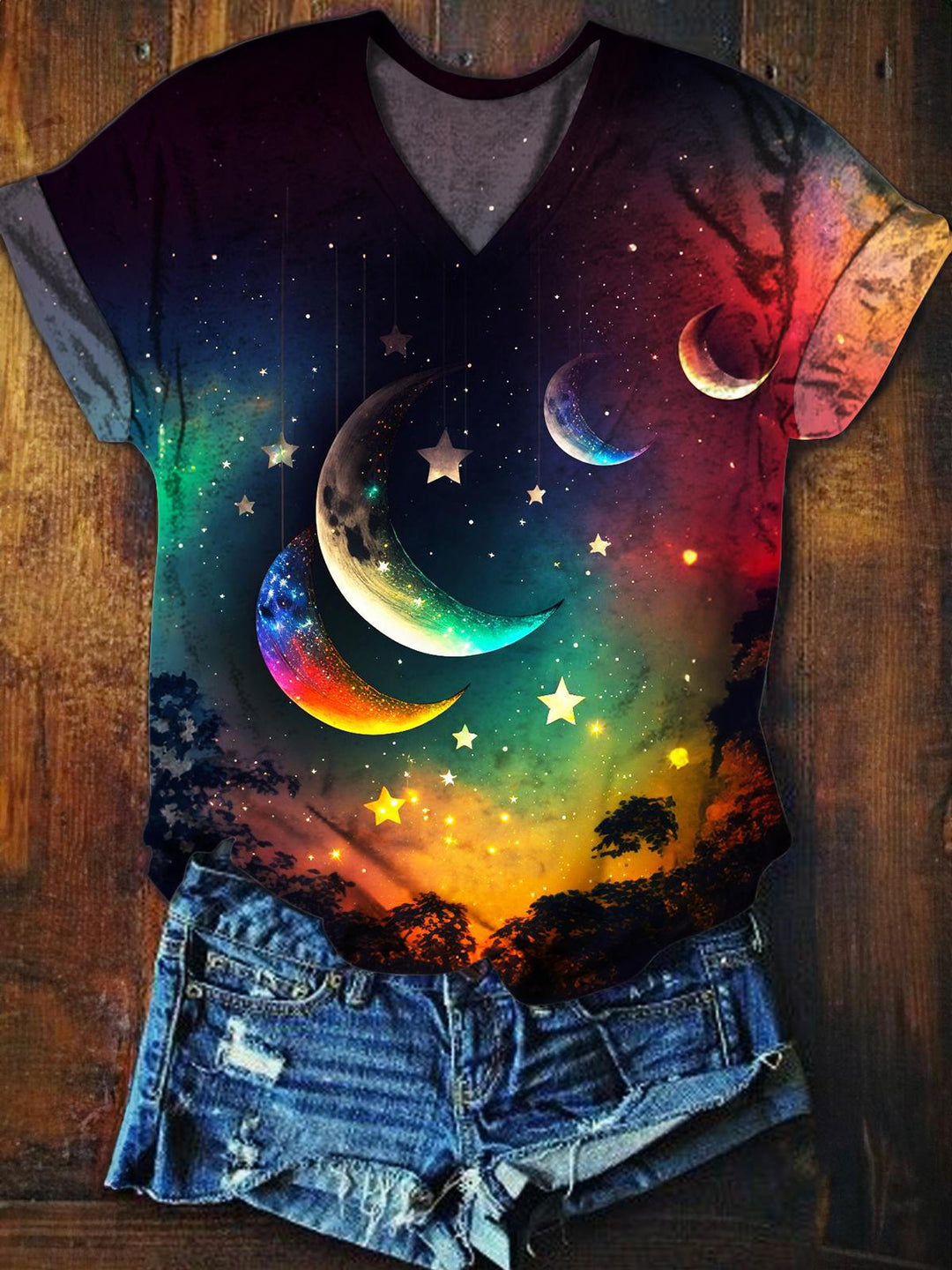 Star and Moon Print Casual Short Sleeve Top