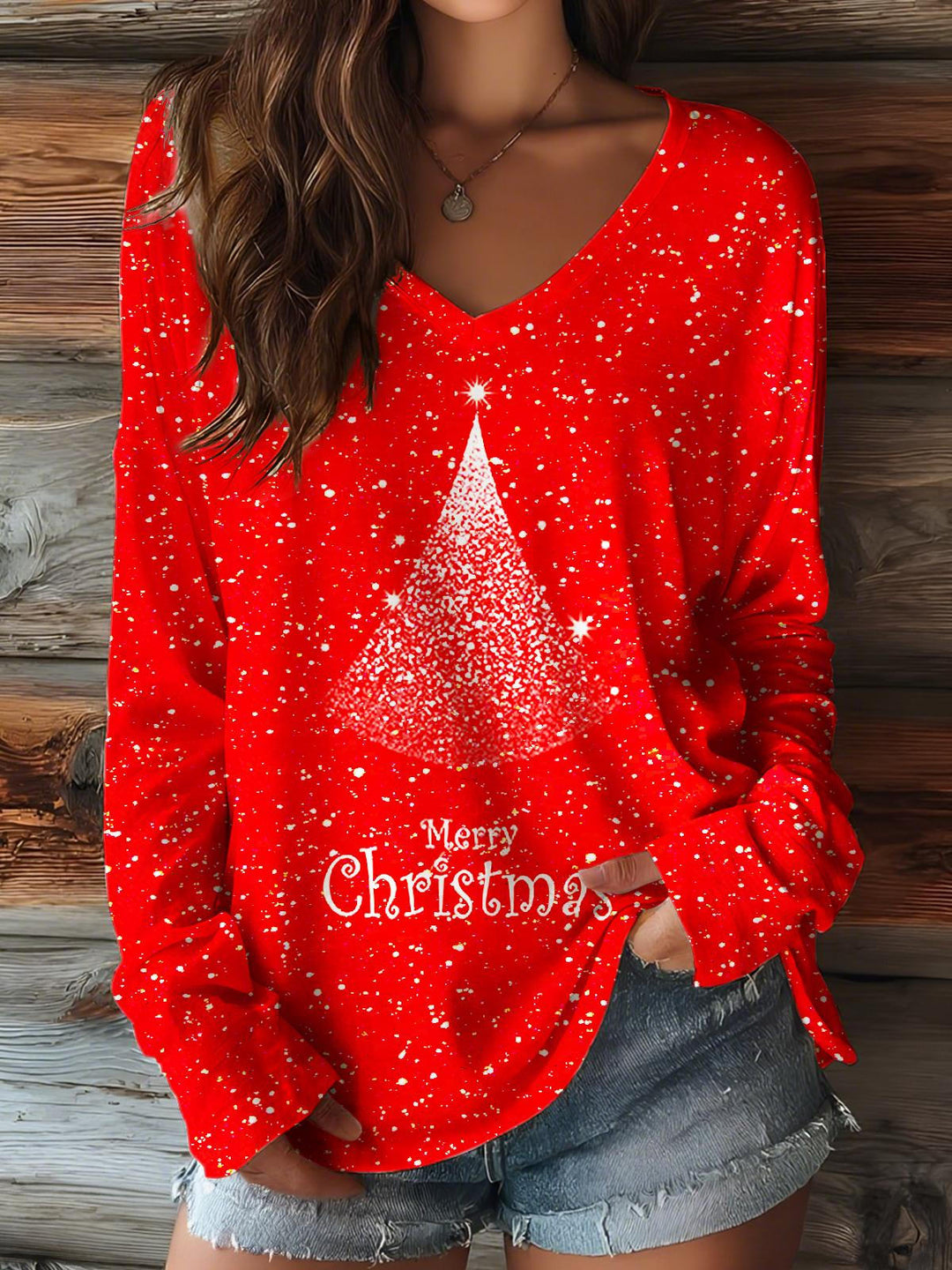 Christmas Glittering Christmas Tree V-neck Long Sleeve Top