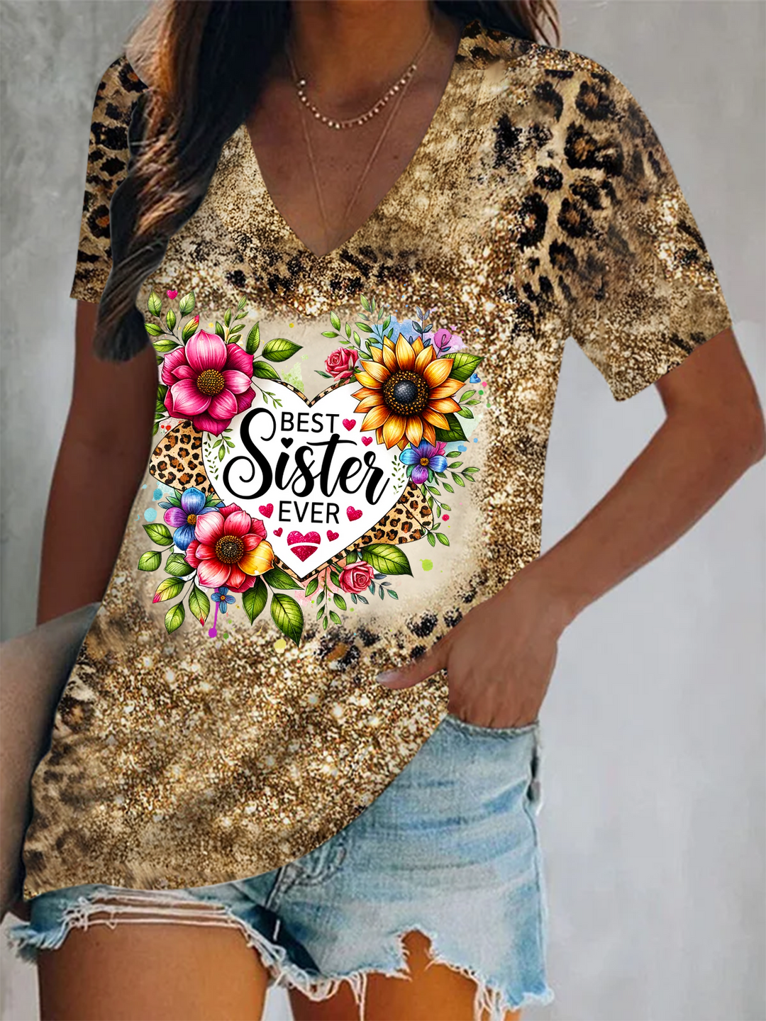 Best Sister Ever Short Sleeve V Neck Print Top