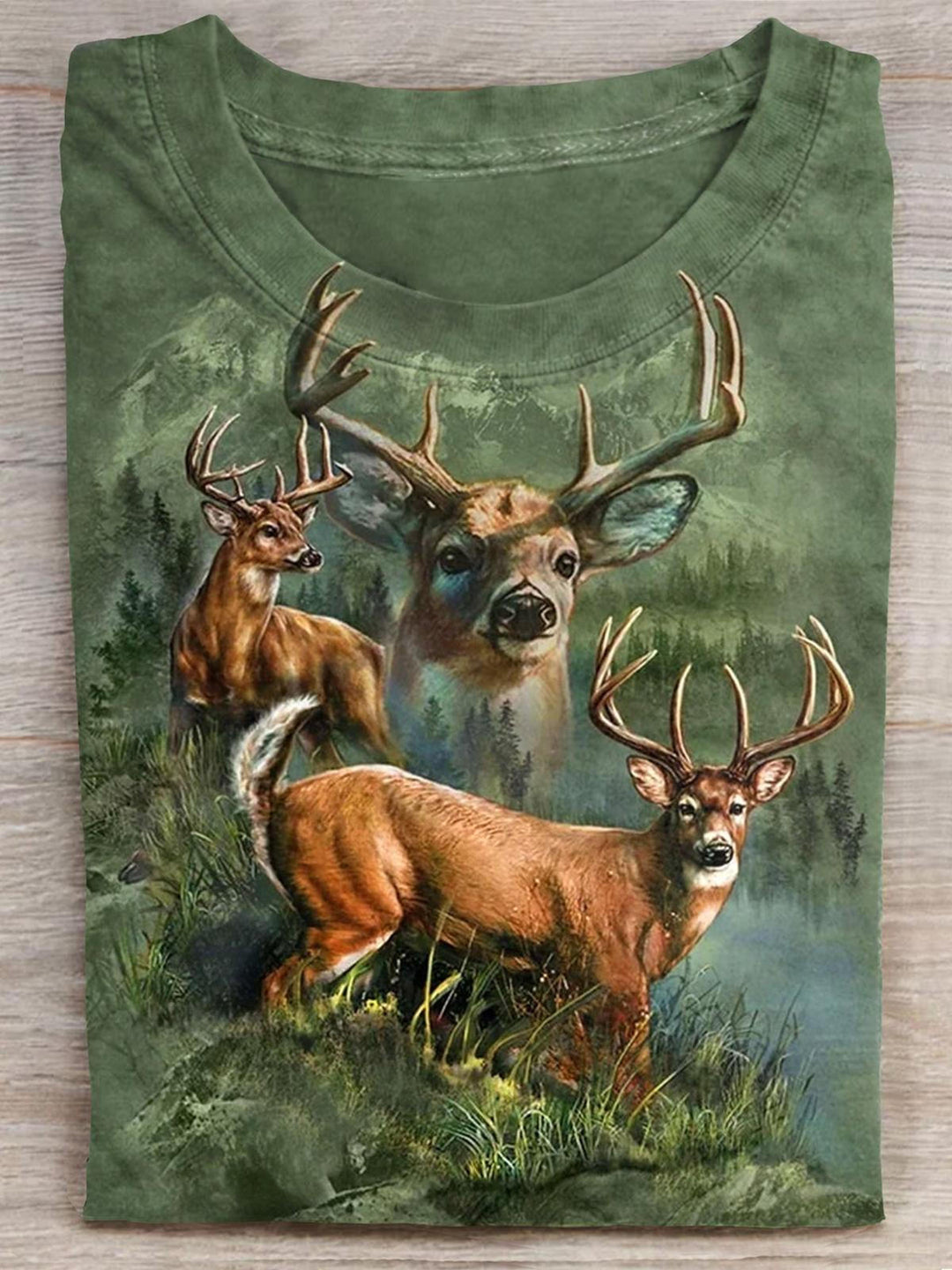 Vintage Deer Art Print Casual Crew Neck T-shirt
