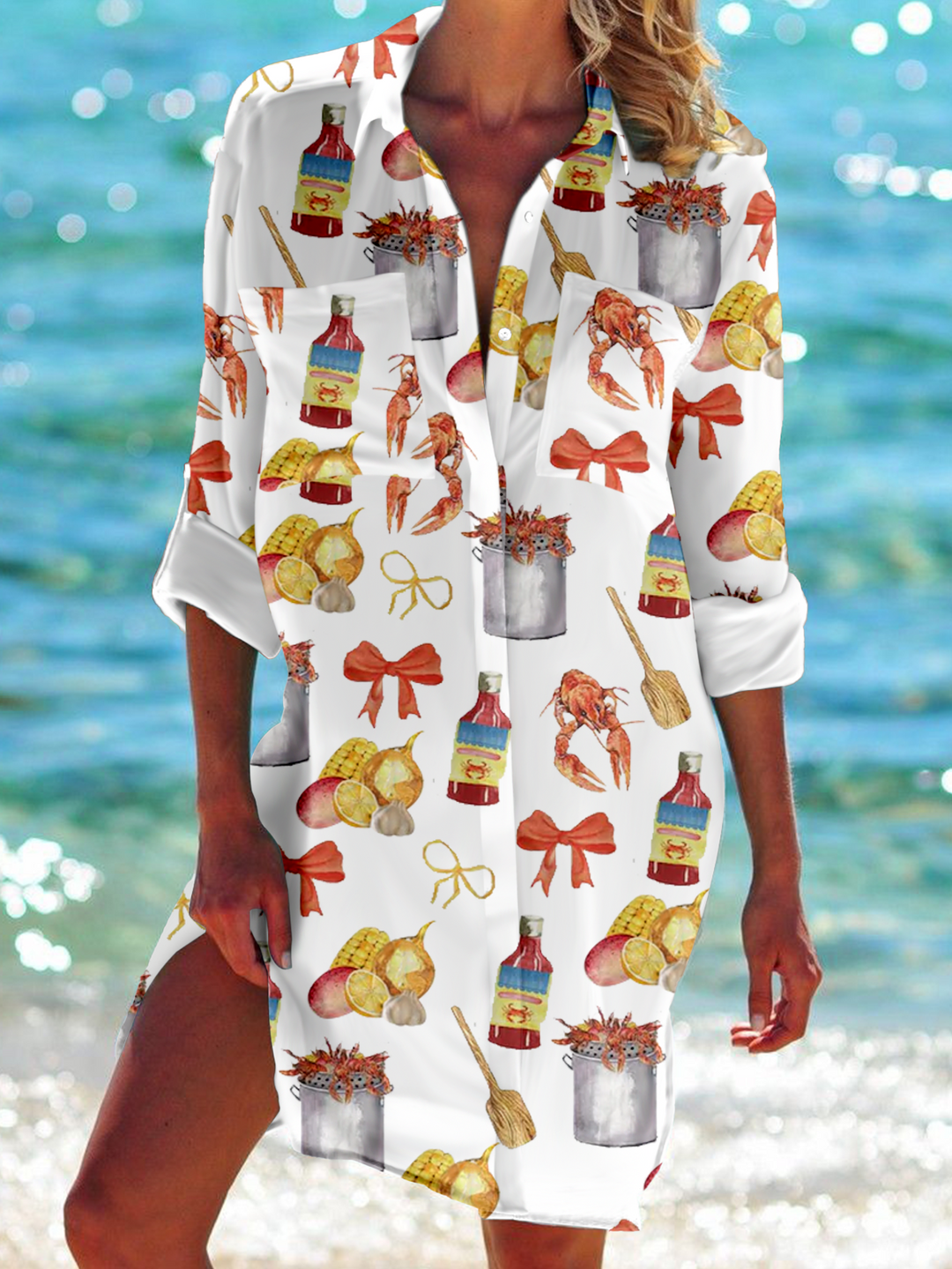 Crawfish Boil Hawaiian Long Sleeve Beach Shirt Dress