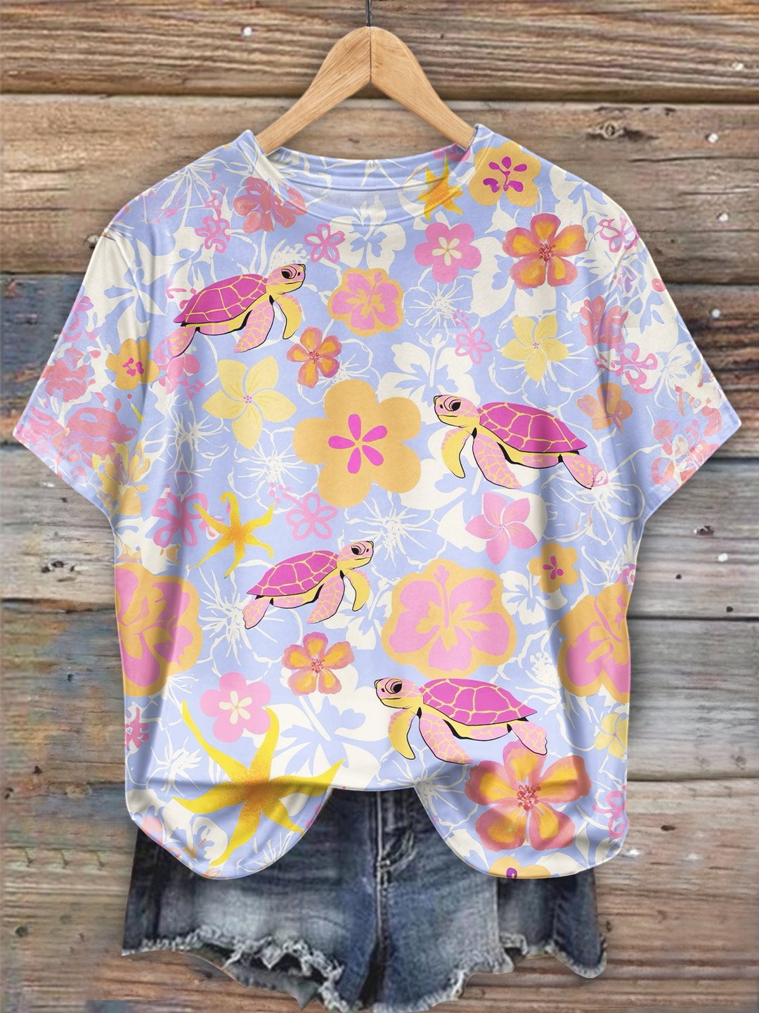 Fun Abstract Floral Turtle Art Crew Neck T-shirt