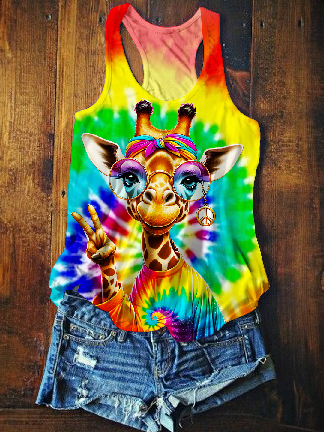Retro Tie-Dye Hippie Giraffe Printed Casual Tank Top