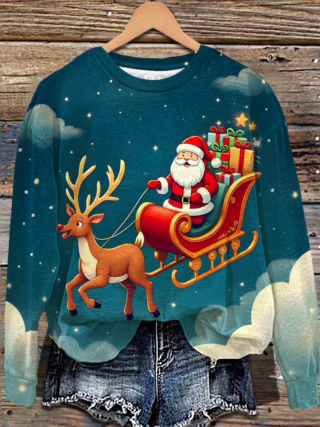 Funny Santa Claus Elk Printed Long Sleeve Casual Top