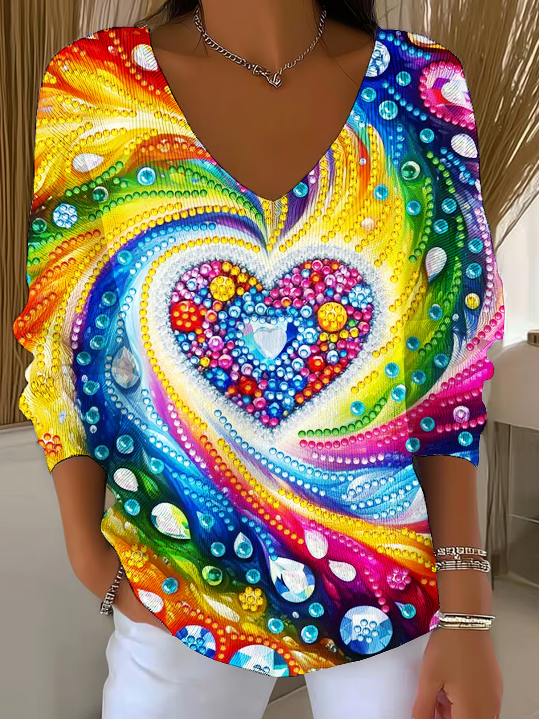 Rainbow Diamond Love Heart Casual V Neck Pullover Sweater
