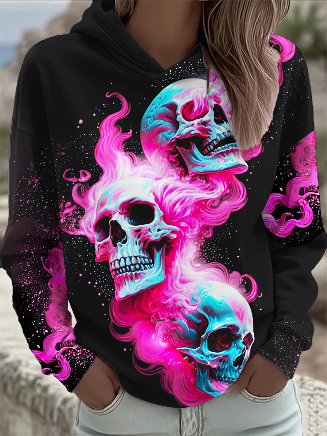 Colorful Smoke Skull Long Sleeve Printed Hoodie