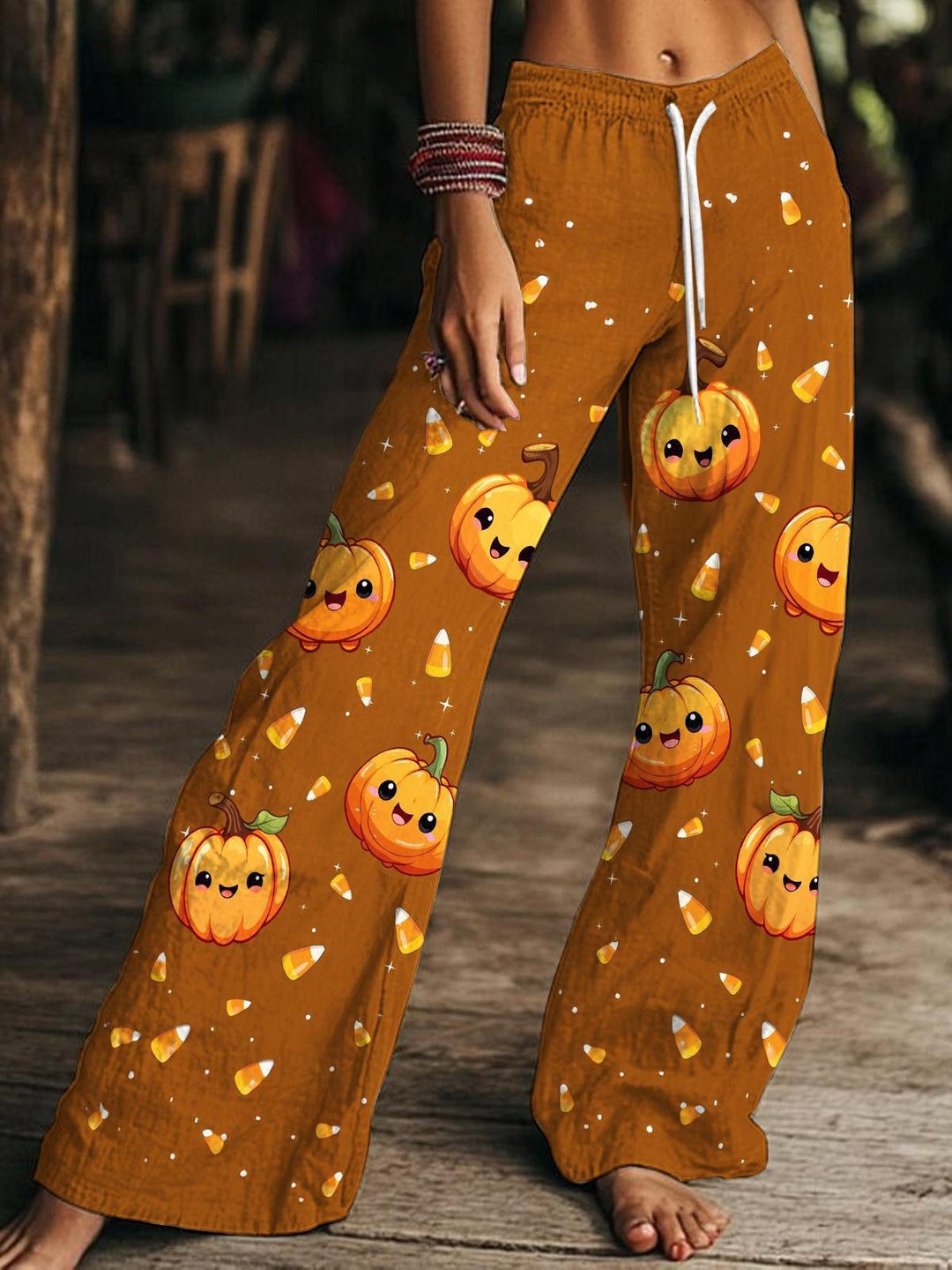 Women's Autumn Cute Pumpkin Print Drawstring Wide-Leg Pants